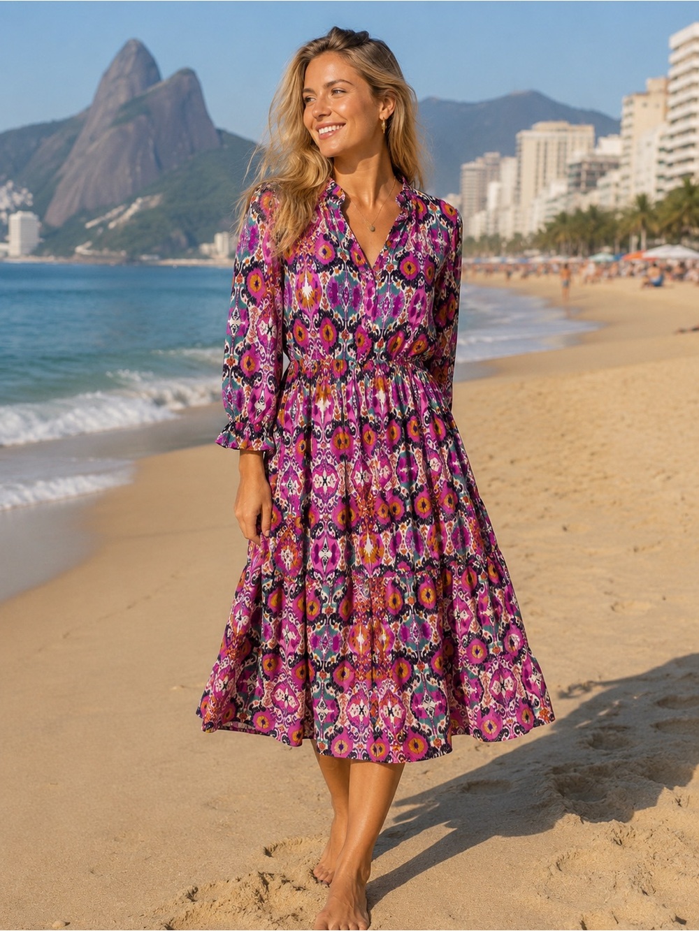 Umgee Vibrant Pink Ikat Midi Dress Tropical Exotic Global Vacation Resortwear